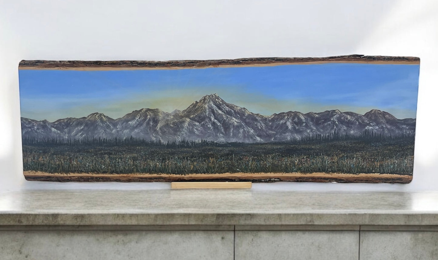 Mountain Glow: Landscape Painting on Raw-Edged Wood