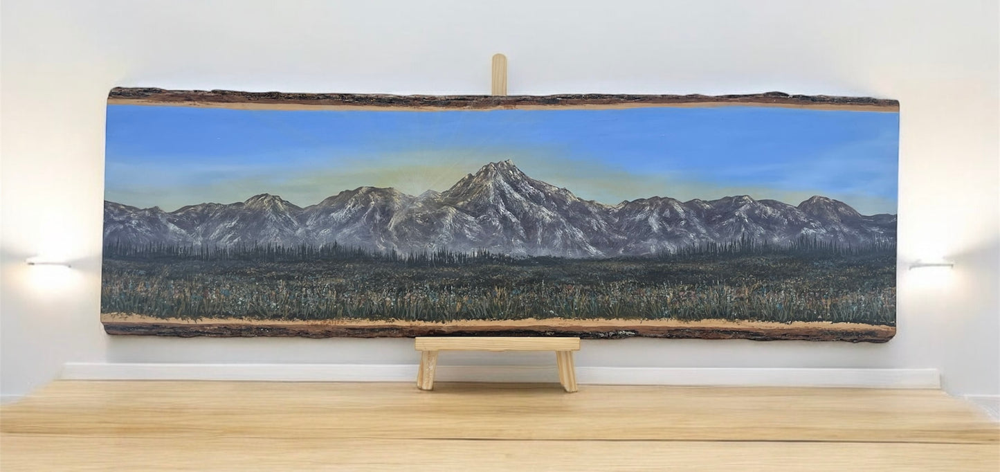 Mountain Glow: Landscape Painting on Raw-Edged Wood